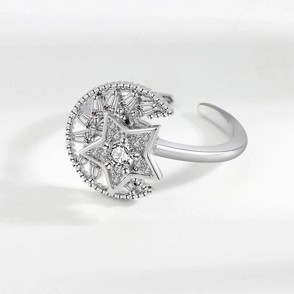 Fashion Golden Star Moon Zircon Rotating Copper Open Ring