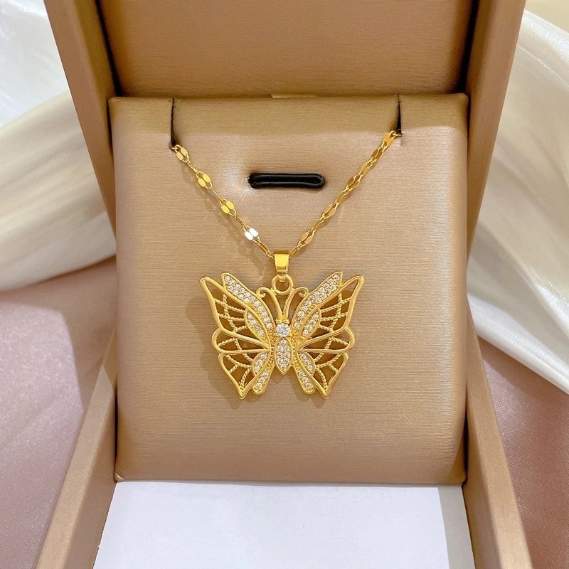 Fashion Heart Shape Butterfly Titanium Steel Copper Inlay Artificial Diamond Pendant Necklace