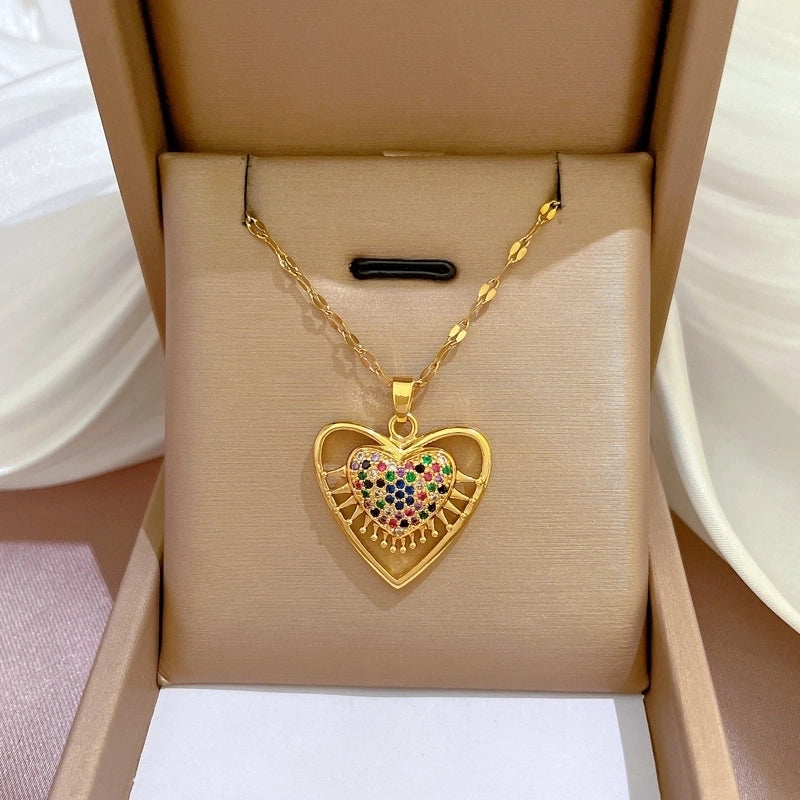 Fashion Heart Shape Butterfly Titanium Steel Copper Inlay Artificial Diamond Pendant Necklace