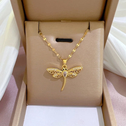 Fashion Heart Shape Butterfly Titanium Steel Copper Inlay Artificial Diamond Pendant Necklace