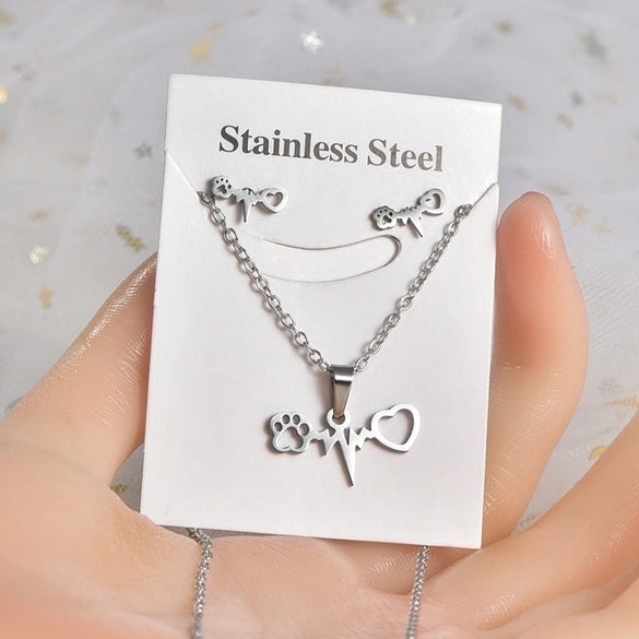 Fashion Love Heart Shape Stainless Steel Hollow Out Earrings Necklace 1 Set