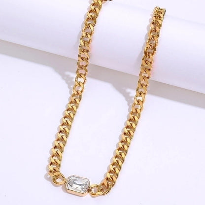 Fashion Rectangle Stainless Steel Plating Zircon 18k Gold Plated Necklace