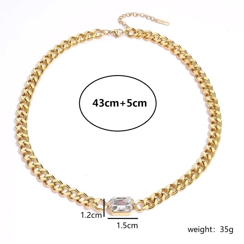 Fashion Rectangle Stainless Steel Plating Zircon 18k Gold Plated Necklace