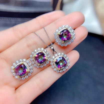 Internet Celebrity Live Streaming Imitation Natural Colorful Crystal Stone Suit Sky Blue Topaz Necklace Ring Eardrops Stud Earrings Female