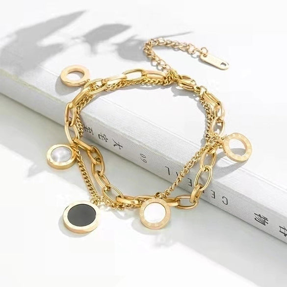 New Black And White Shells Contrast Color Double-layer Titanium Steel Women's Bracelet