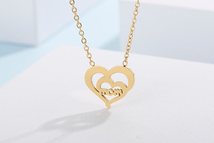 Titanium Steel Gold Double Heart Shaped Letter Mom Pendant Necklace