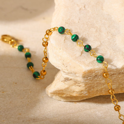 Women's Fashion Green Malachite Round Beads 18k Gold Geometric Stainless Steel Bracelet