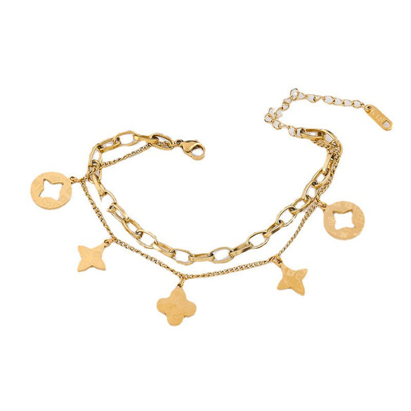 Women Letter Number Leaf Titanium Steel 18K Gold Plated Bracelets