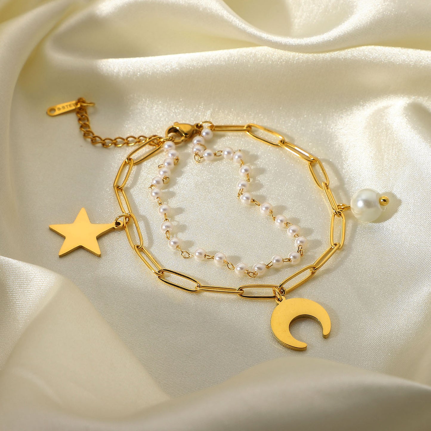 18k Gold Plated Stainless Steel Star Moon Pearl Pendant Double Layer Bracelet