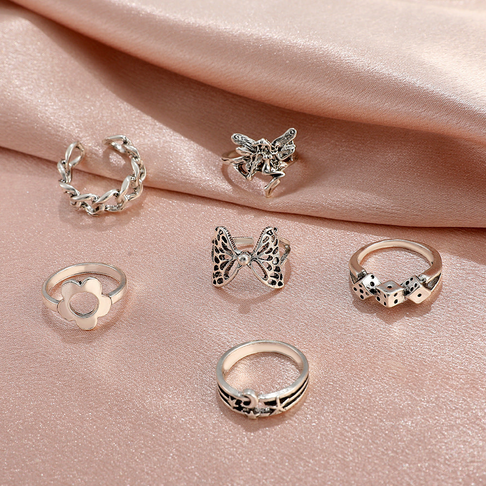 New Geometric Ring 6-piece Set Retro Butterfly Flower Tail Ring