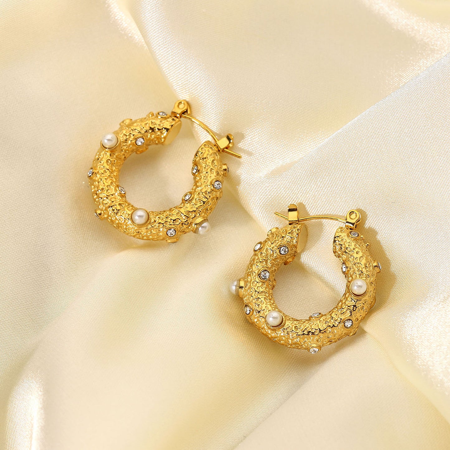 Fashion Pearl Hoop Earrings 18k Gold Stainless Steel Jewelry Hammer Cubic Zirconia Earrings