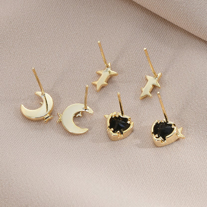 1 Set Simple Style Star Moon Heart Shape Plating Inlay Copper Zircon Ear Studs