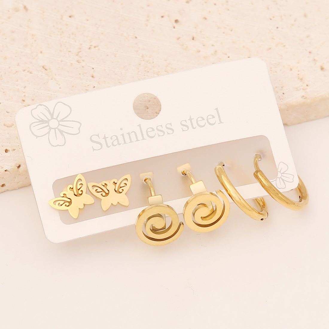 Fashion Star Heart Shape Butterfly Stainless Steel Plating Earrings 3 Pairs