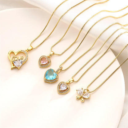 Cute Sweet Heart Shape Copper Plating Inlay Zircon Pendant Necklace