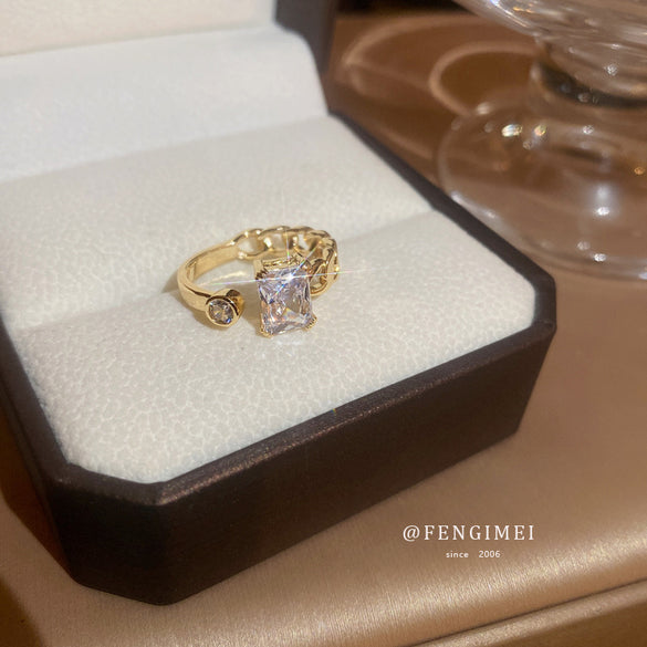 Korean temperament diamond zircon geometric opening ring light luxury niche fashion index finger ring Internet celebrity versatile jewelry women