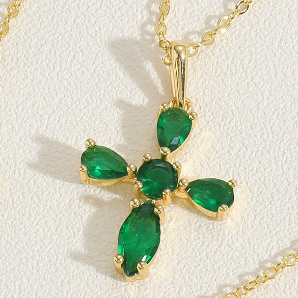 Cross-border hot-selling wild retro color zircon cross pendant necklace women's personalized design O-word chain clavicle chain