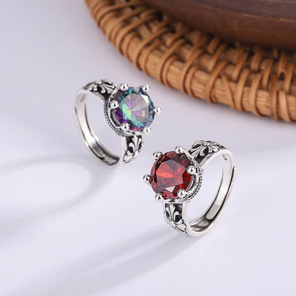 Sterling Silver Retro Crown Inlay Zircon Open Rings