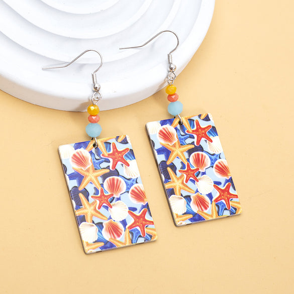 1 Pair Vacation Starfish Shell Printing Arylic Drop Earrings