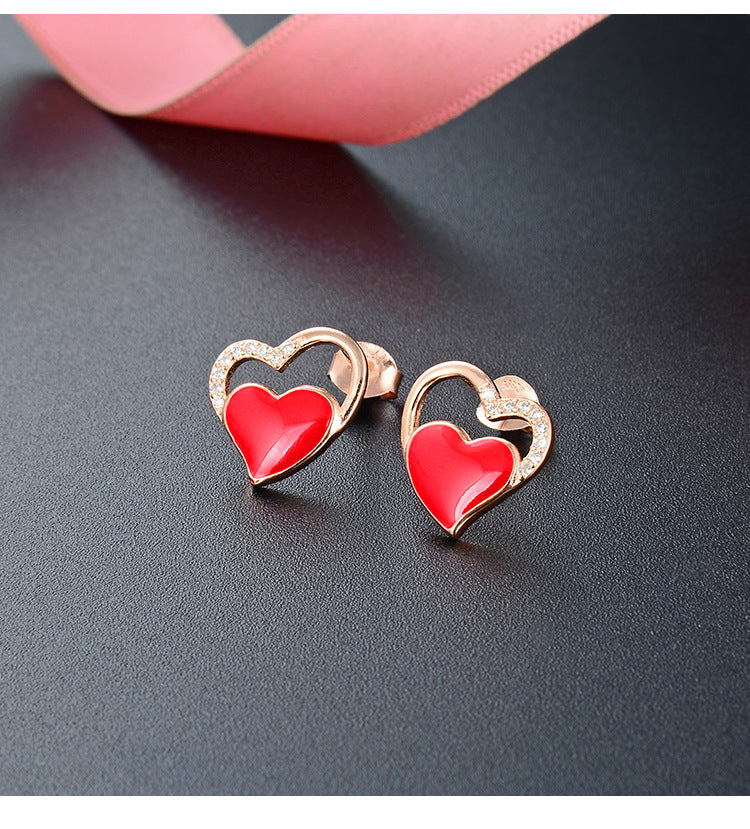 1 Pair Sweet Heart Shape Enamel Plating Inlay Sterling Silver Zircon Ear Studs