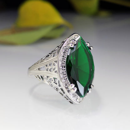 Fashion Creative Emerald Zircon Hollow Carved Gem Copper Ring