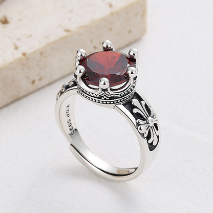 Sterling Silver Retro Crown Inlay Zircon Open Rings