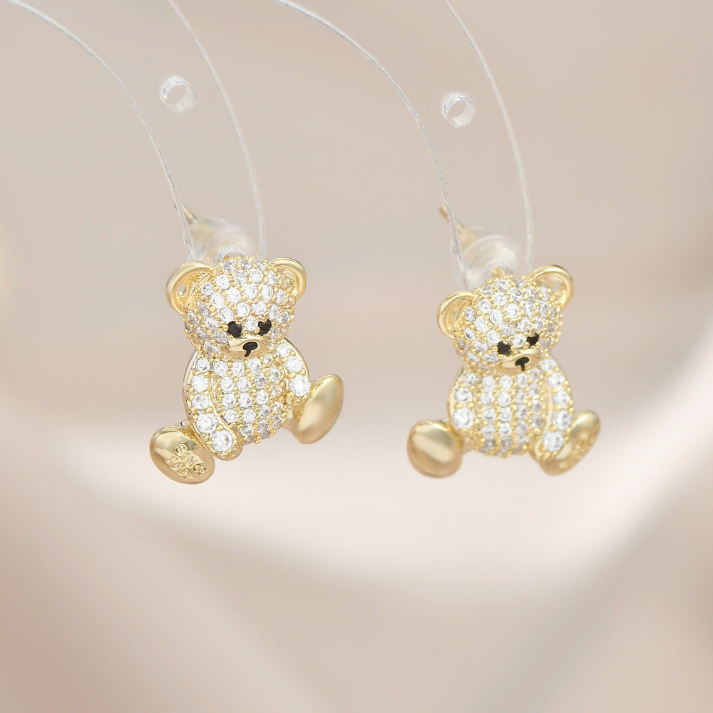 Sweet Bear Copper Plating Inlay Zircon Ear Studs 1 Pair