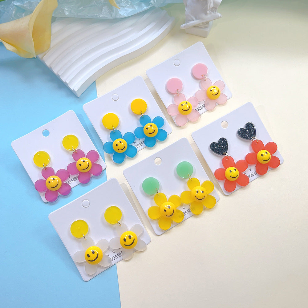 1 Pair Cute Smiley Face Flower Arylic Drop Earrings