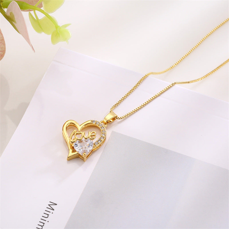 Cute Sweet Heart Shape Copper Plating Inlay Zircon Pendant Necklace