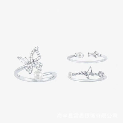 Wholesale Elegant Simple Style Butterfly Copper Plating Inlay Artificial Pearls Rhinestones Open Rings