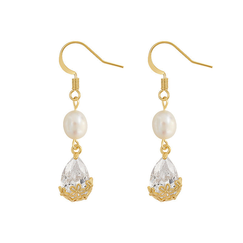 1 Pair Elegant Luxurious Water Droplets Copper Inlay Artificial Pearls Zircon Drop Earrings