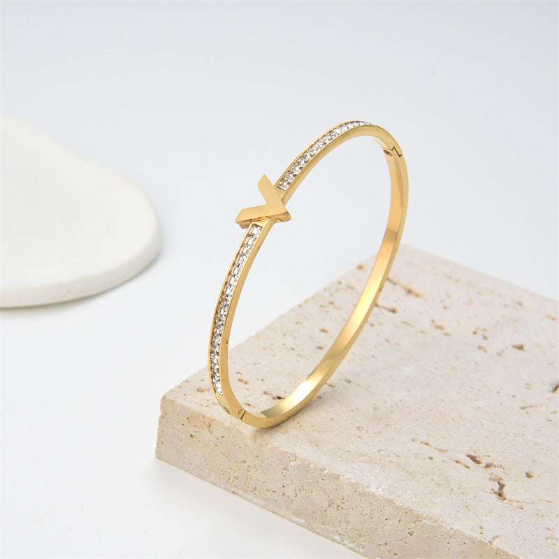 Simple Style V Shape Stainless Steel Zircon Bangle In Bulk