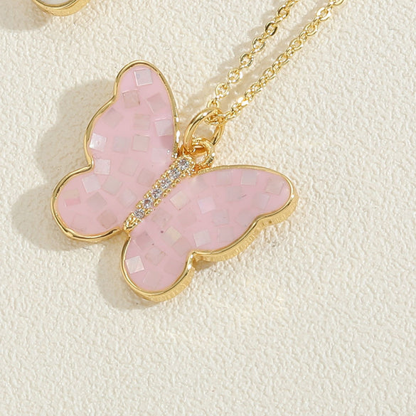 Copper Plated 14K Real Gold Color Dripping Oil Butterfly Pendant Necklace Women's Ins Personalized Design Shell Zircon Clavicle Chain