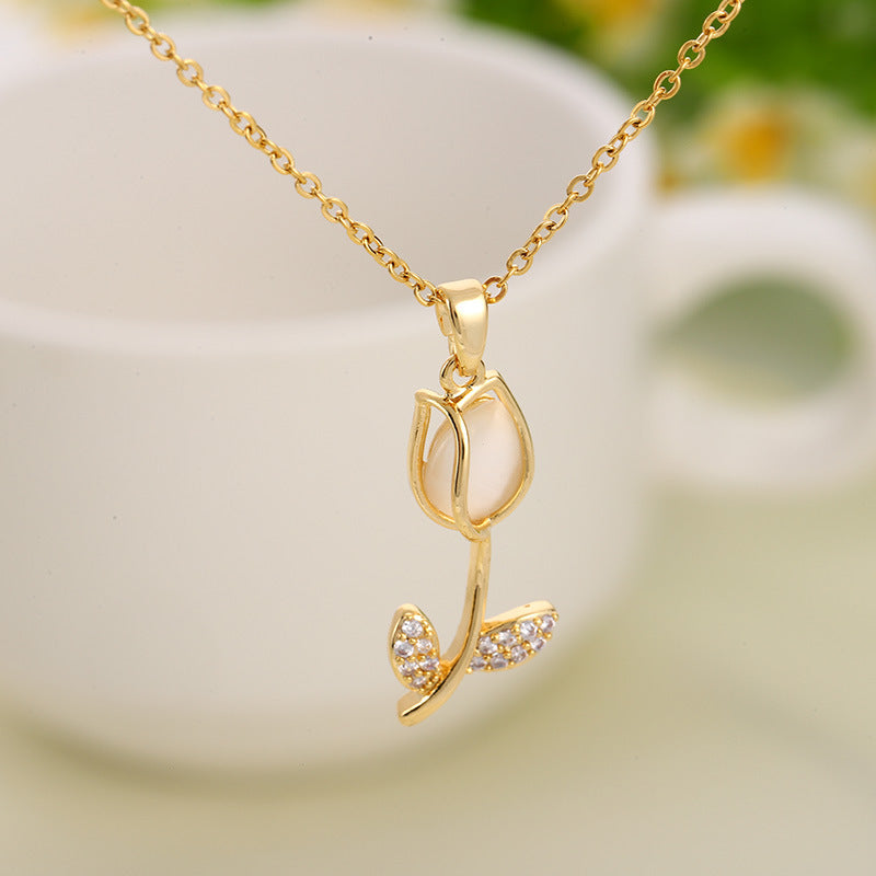 Casual Simple Style Tulip Titanium Steel Inlay Opal Zircon Pendant Necklace