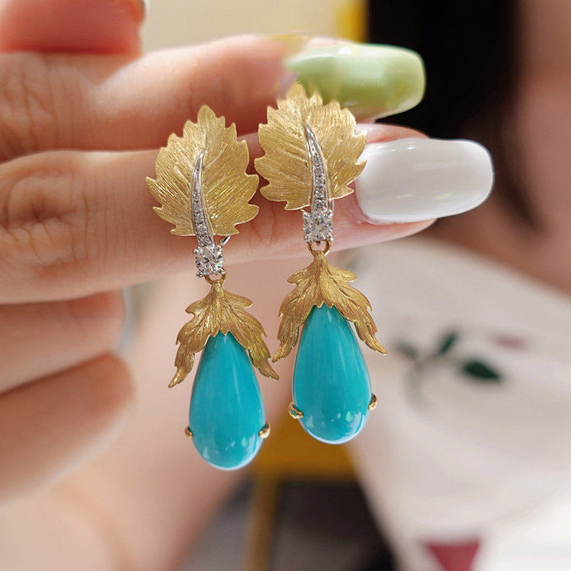 Retro Maple Leaf Water Droplets Imitation Pearl Copper Inlay Turquoise Rings Earrings Necklace