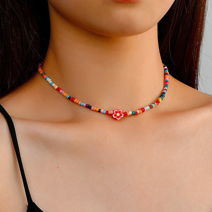 New Bohemian Color Handmade Bead Necklace European And American Simple Clay Flower Beaded Clavicle Chain