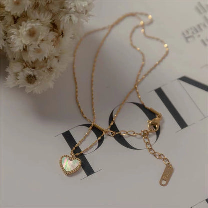 Fashion Heart Shape Stainless Steel Plating Inlay Shell Pendant Necklace