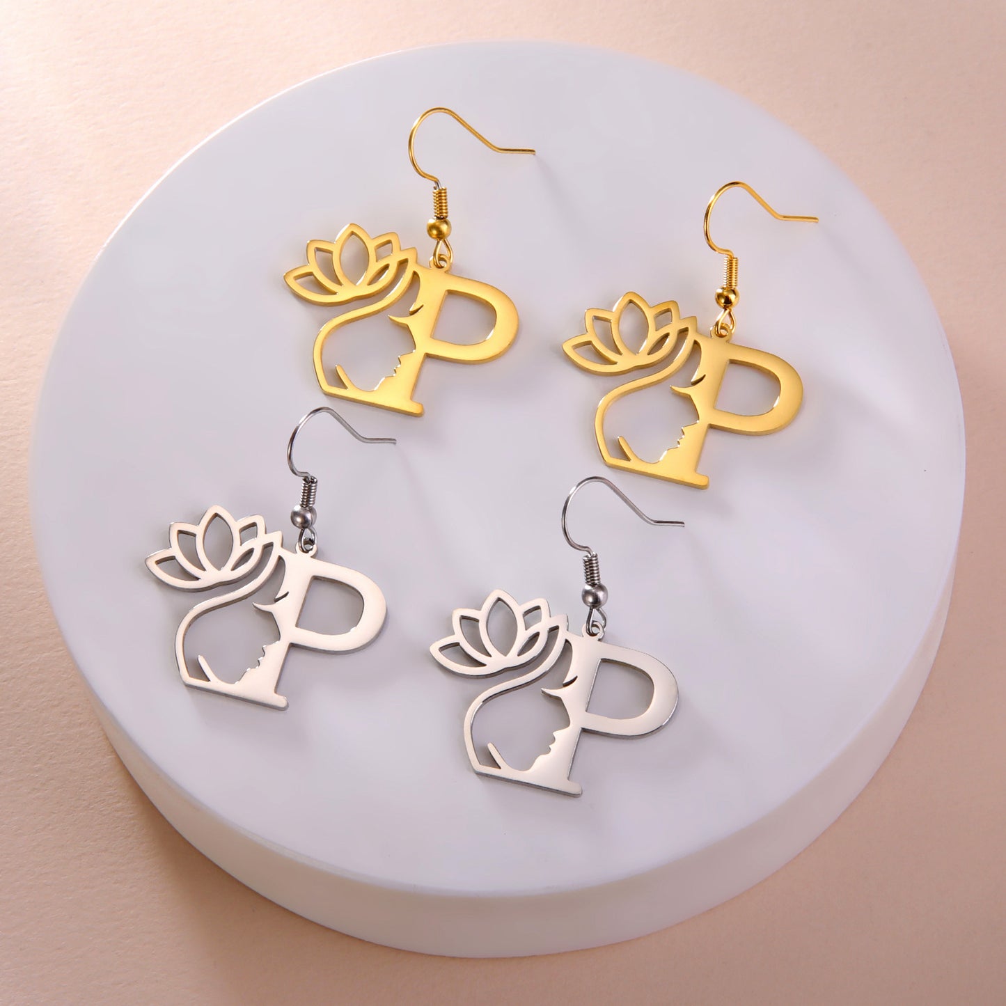 1 Pair Elegant Simple Style Letter Lotus Plating Stainless Steel Drop Earrings