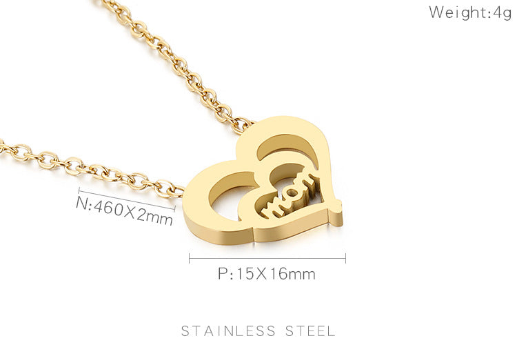 Titanium Steel Gold Double Heart Shaped Letter Mom Pendant Necklace