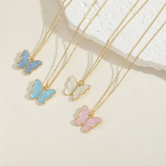 Copper Plated 14K Real Gold Color Dripping Oil Butterfly Pendant Necklace Women's Ins Personalized Design Shell Zircon Clavicle Chain
