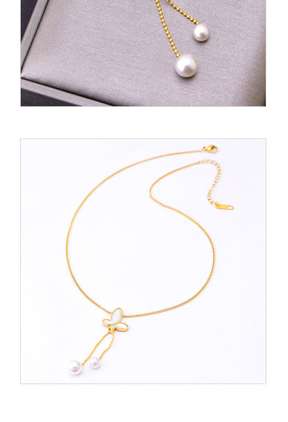 Fashion Butterfly Titanium Steel Pendant Necklace Inlay Artificial Pearls Shell Stainless Steel Necklaces