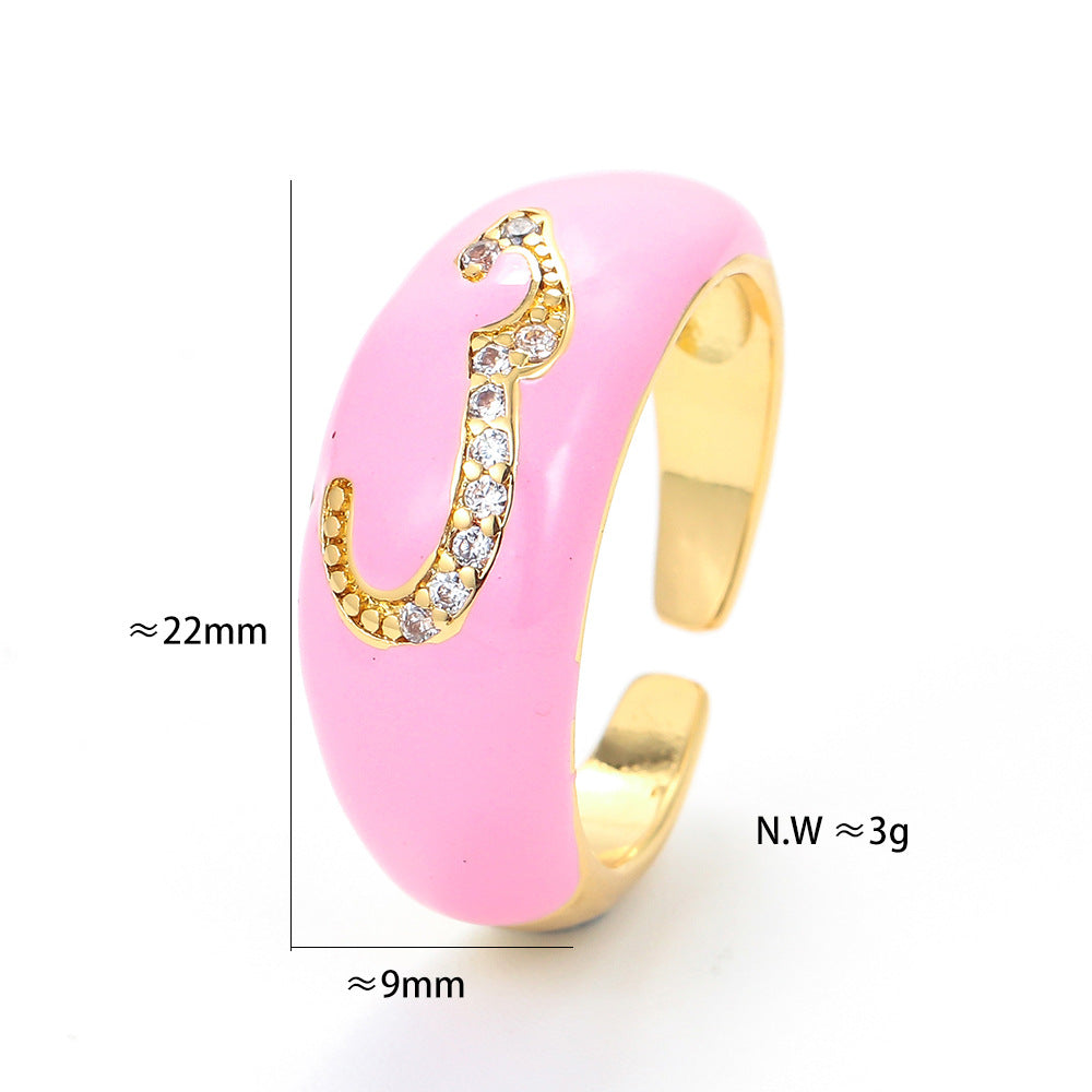 Fashion Micro-inlaid Color Drop Oil Ring Zircon Letter Pattern Opening Adjustable Jewelry Wholesale