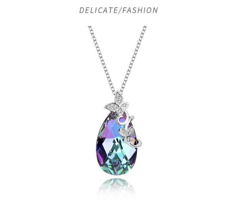 Fashion Butterfly Austrian Crystal Sterling Silver Water Drop Pendant Necklace