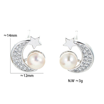 Fashion Star And Moon Pearl Star Inlaid Zircon Copper Earrings