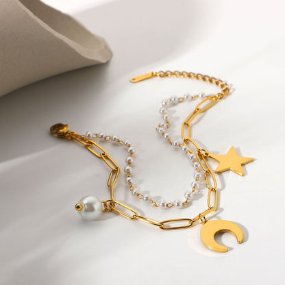 18k Gold Plated Stainless Steel Star Moon Pearl Pendant Double Layer Bracelet