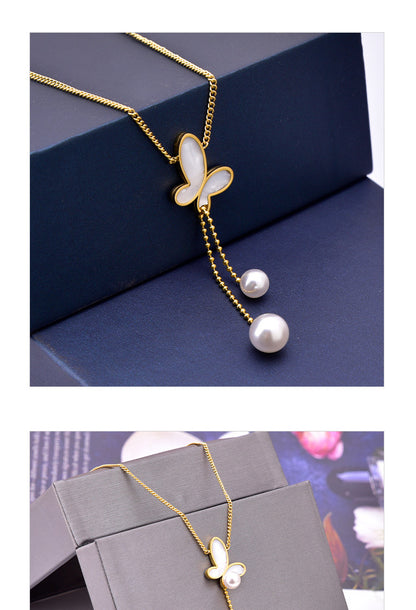 Fashion Butterfly Titanium Steel Pendant Necklace Inlay Artificial Pearls Shell Stainless Steel Necklaces