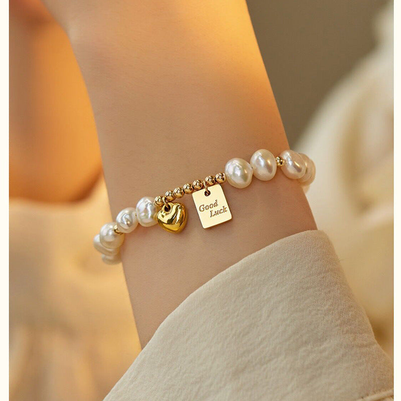 Elegant Retro Letter Heart Shape Freshwater Pearl Mixed Materials Bracelets In Bulk