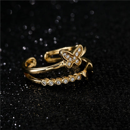 Simple Double-layer Butterfly Gold-plated Micro-inlaid Zircon Ring