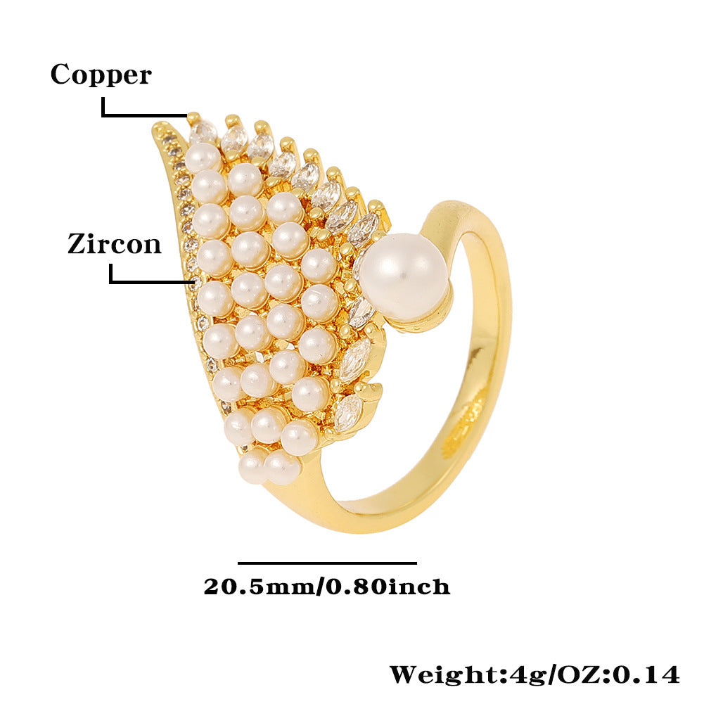 Ig Style Geometric Copper Plating Inlay Artificial Pearls Zircon Open Ring