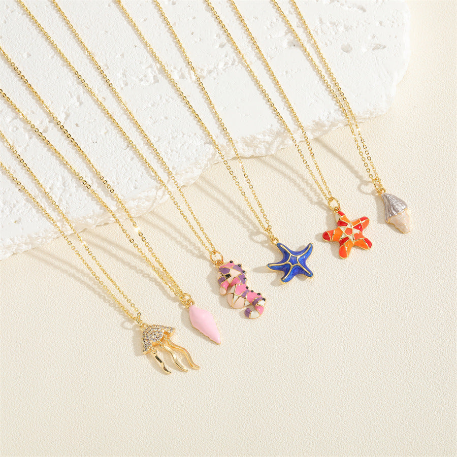 Cross-border exclusive for the new shell starfish drip oil zircon pendant necklace Ocean series star jellyfish clavicle chain