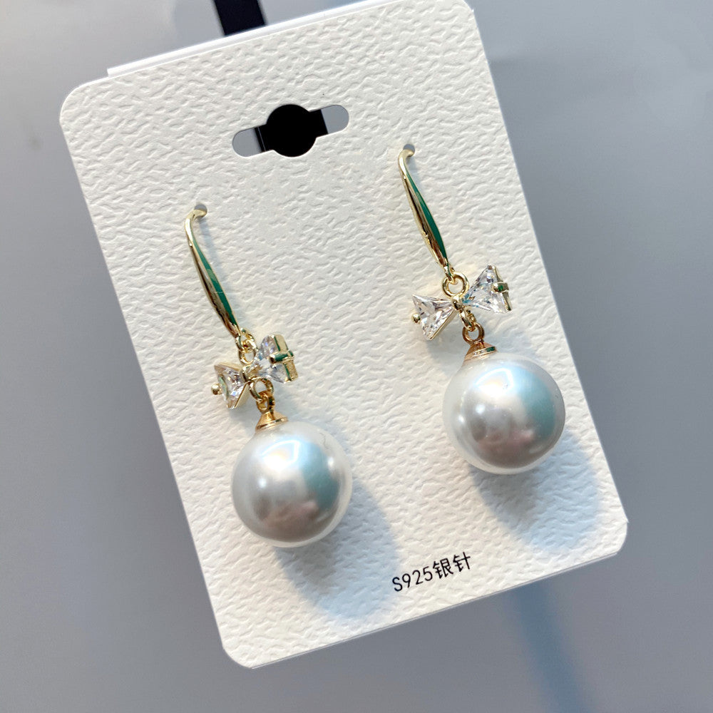 Zircon Bowknot Pearl 925 Silver Needle Earrings